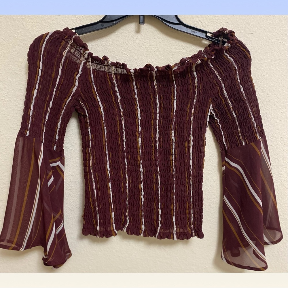 70s Inspired Burgundy Off Shoulder Crop Top with Flared Sleeves